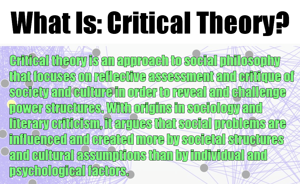 The meme is a screenshot of a Wikipedia page on Critical Theory, with a red X symbol over the title. The text that appears in the image is: "Critical Theory is a philosophical approach to understanding how power operates in society, and how it can be used to critique and challenge the status quo."